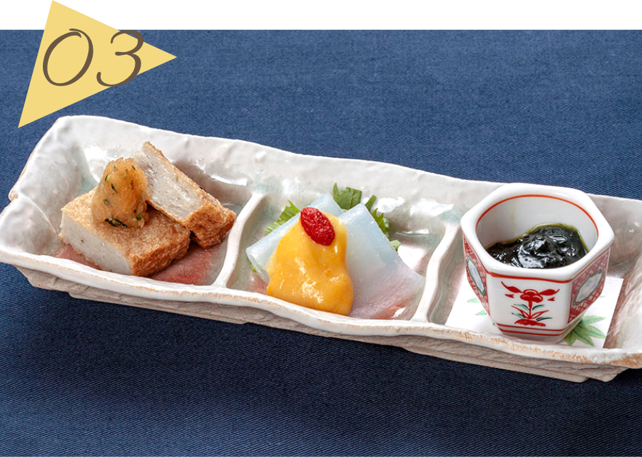 広島県産湯来の刺身蒟蒻 / じゃこ天　染卸し / 青海苔若布